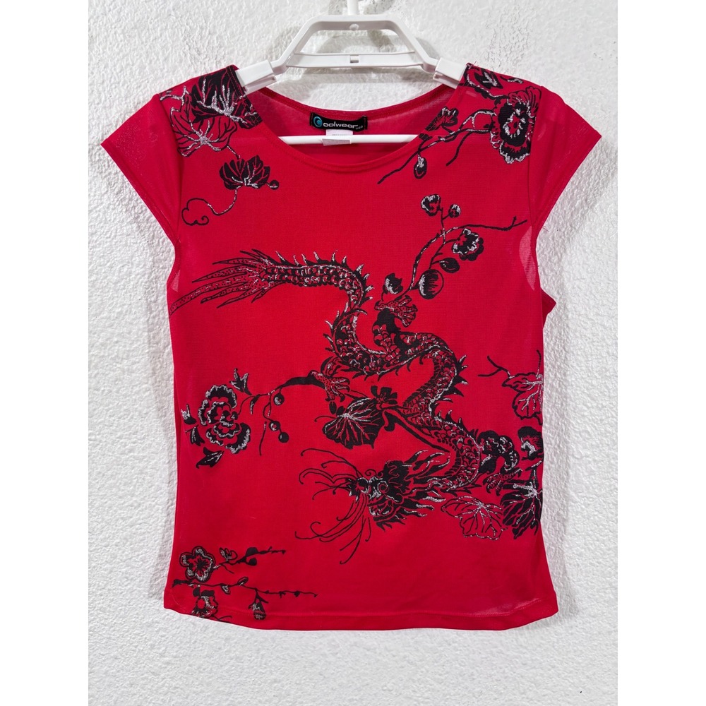 Coolwear Mesh Top Women Small Red Dragon Graphic Glitter Y2K Vintage